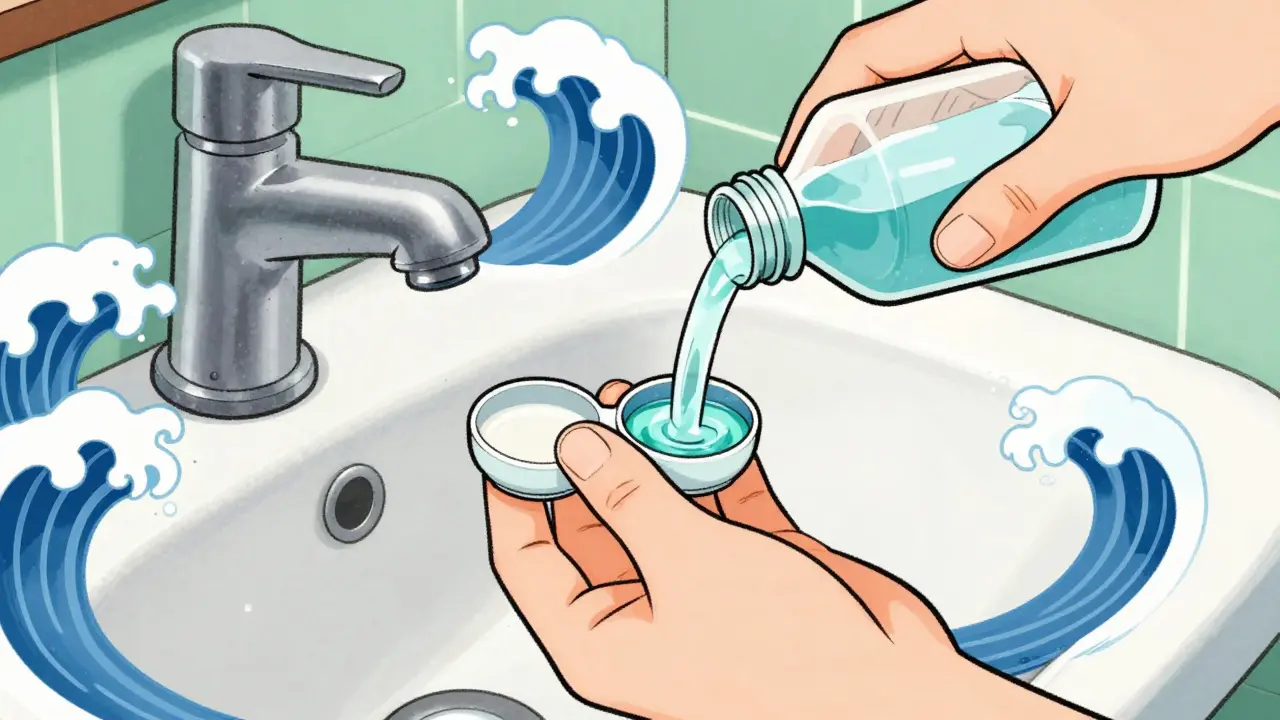 Hands washing near a sink with a contact lens case and fresh solution.