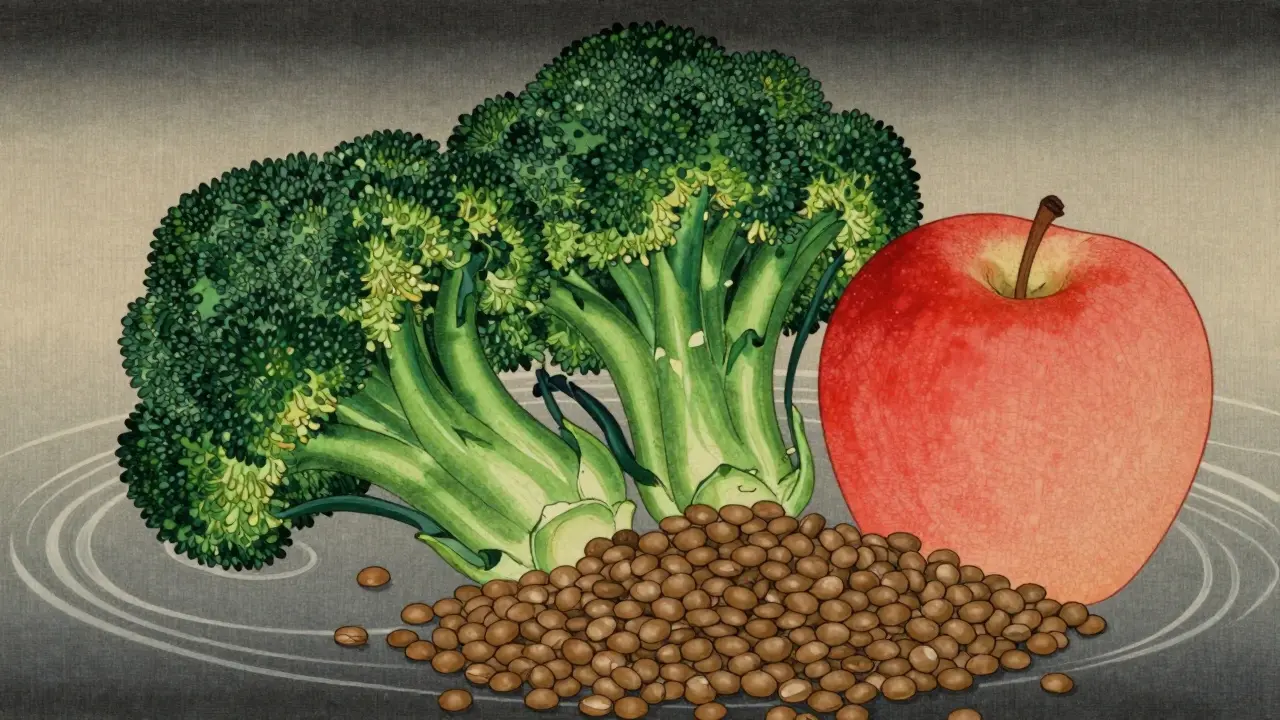 Japanese style art showing a variety of low-GI foods like broccoli, lentils, and an apple.