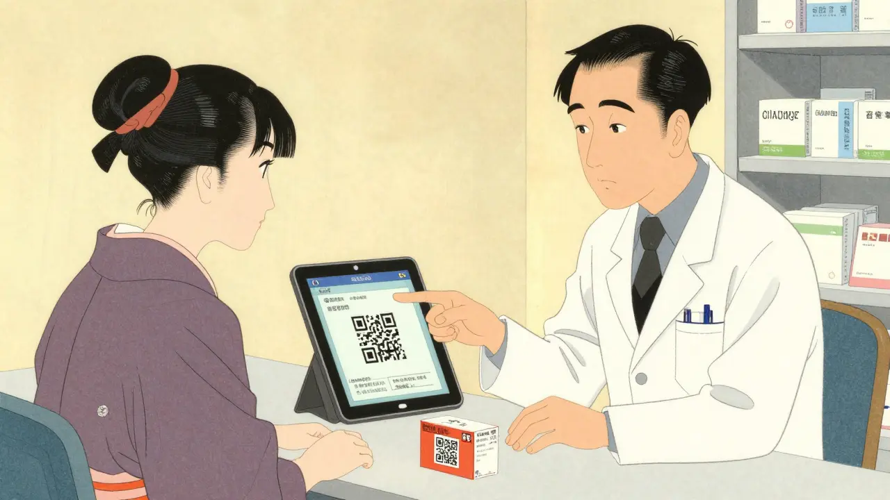 Pharmacist helping a patient with a digital medication guide in Ukiyo-e style.