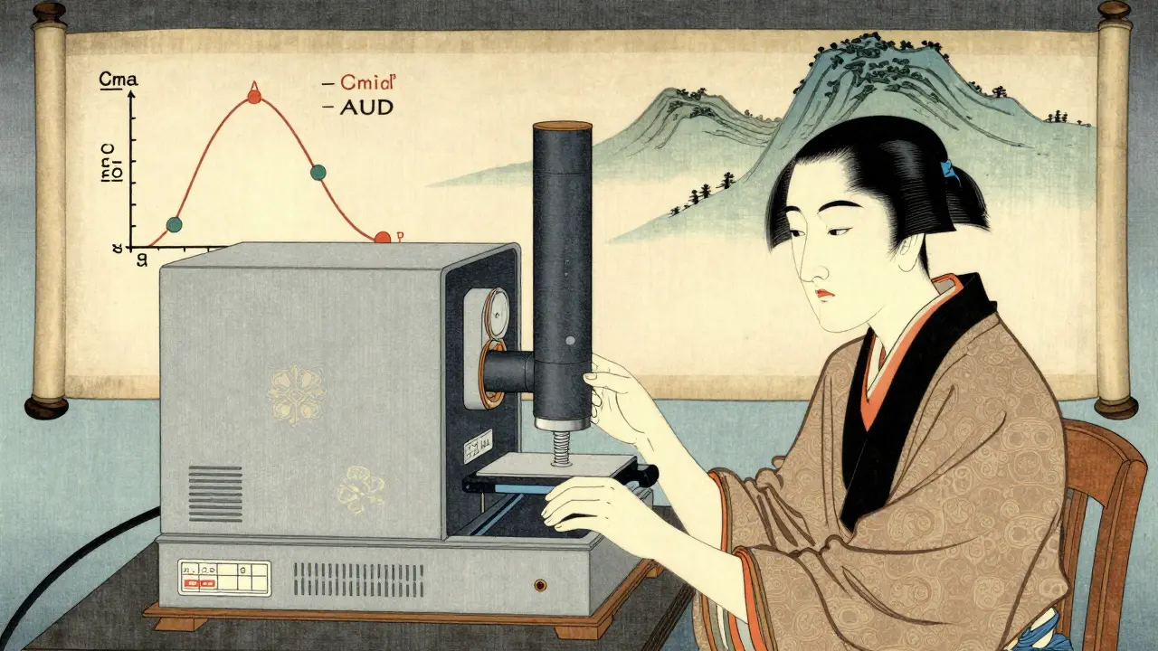 Researcher using a stylized analysis machine with a pharmacokinetic curve on a traditional scroll.