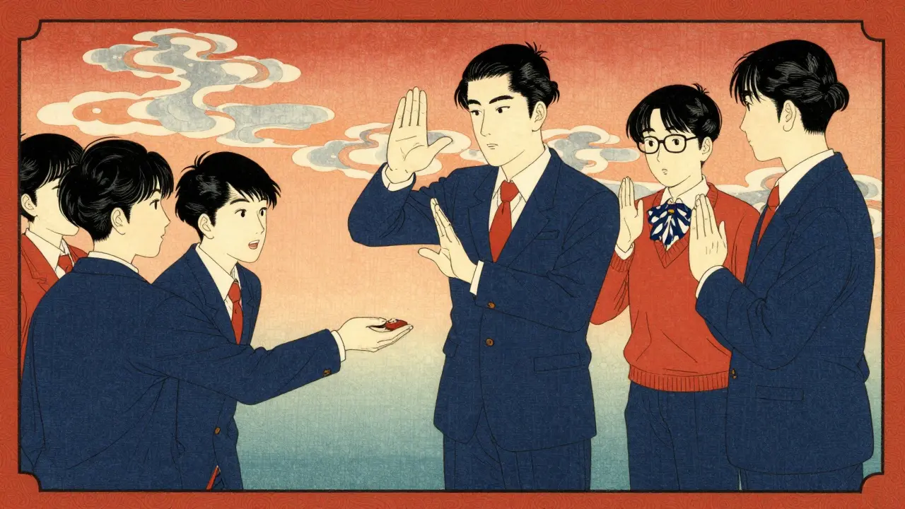 Students practicing refusal skills and saying no to peer pressure in a stylized Japanese art style.