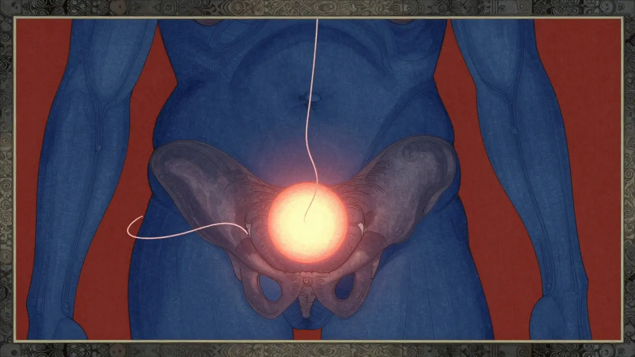 Stylized anatomical depiction of radiation and surgery options in a Japanese art style.