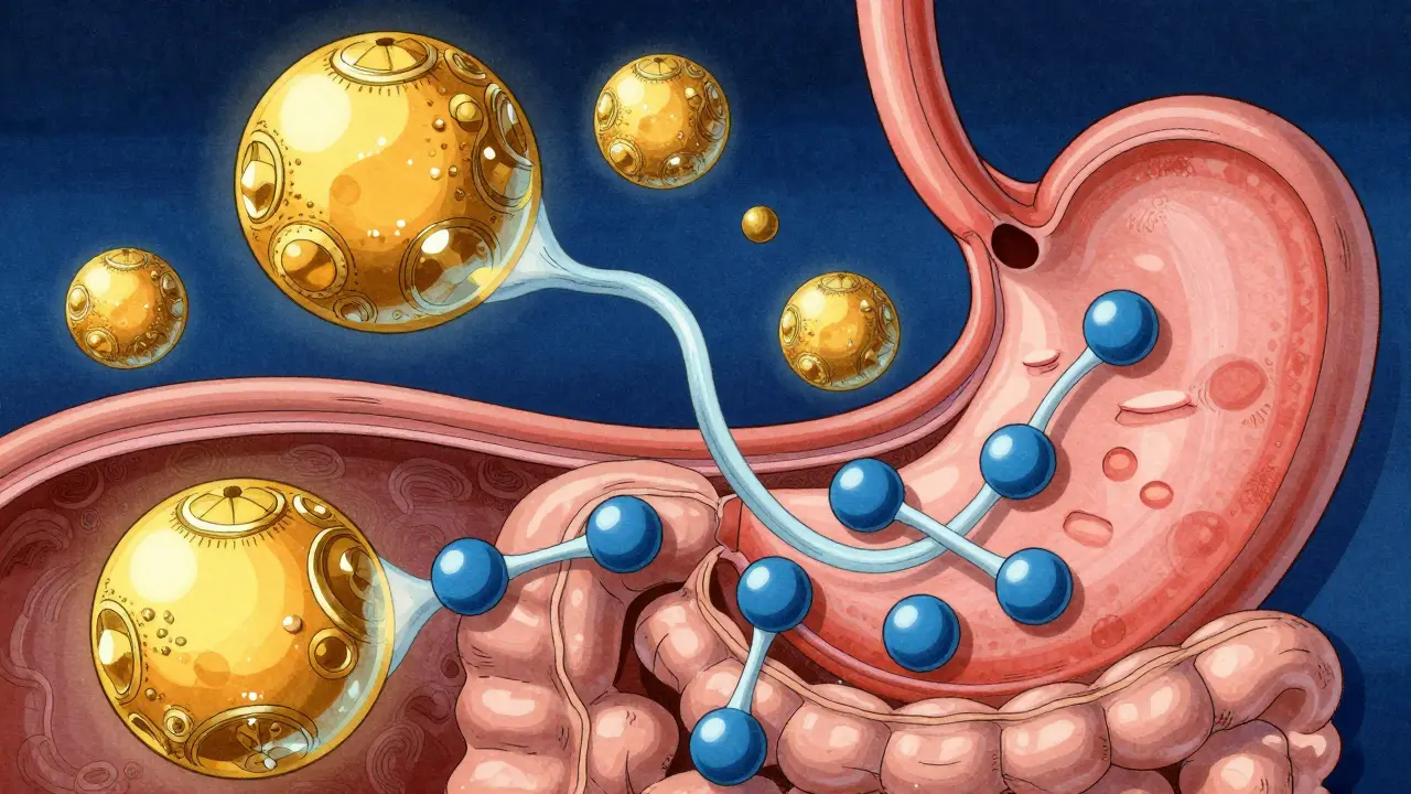 Stylized depiction of calcium ions binding to medicine molecules in a stomach.