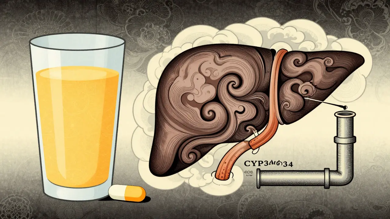 Stylized illustration of grapefruit juice and medication interacting with liver enzymes.