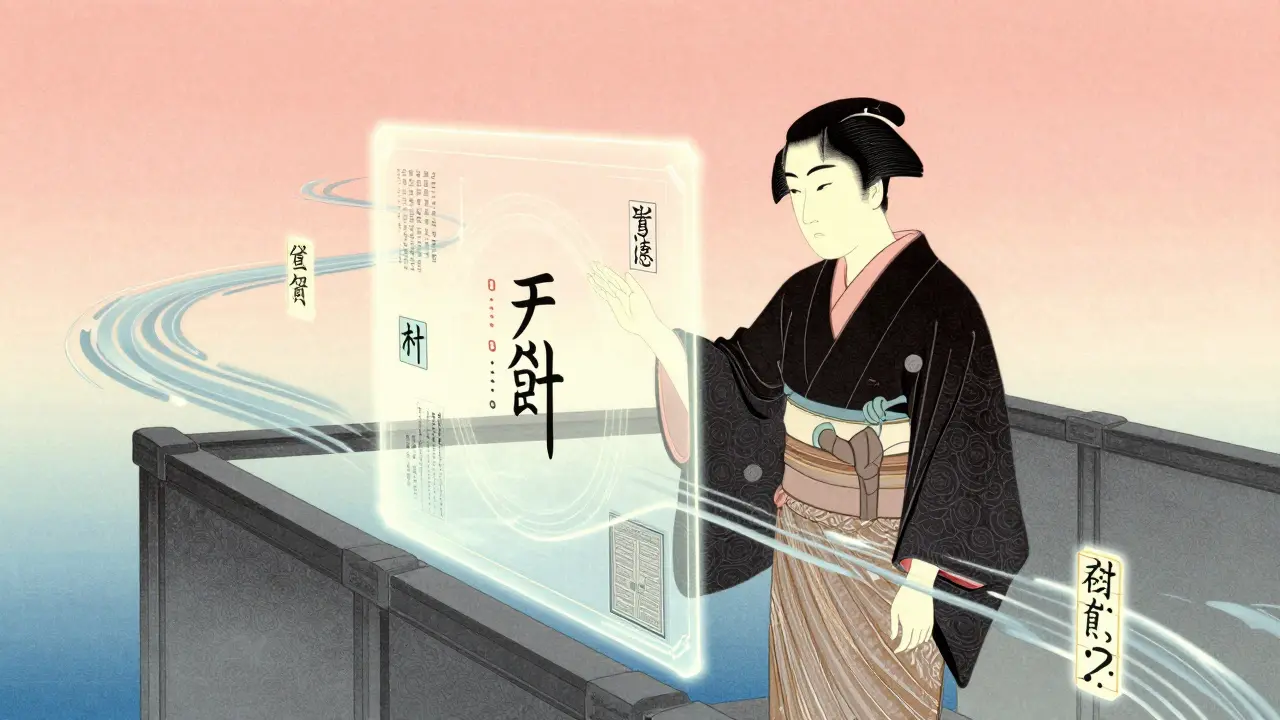 Stylized legislator using a glowing digital portal with floating data symbols