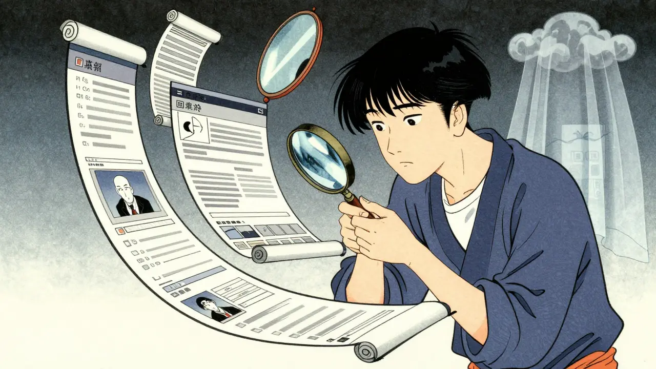 Teenager critically analyzing social media content using a magnifying glass in Ukiyo-e style.