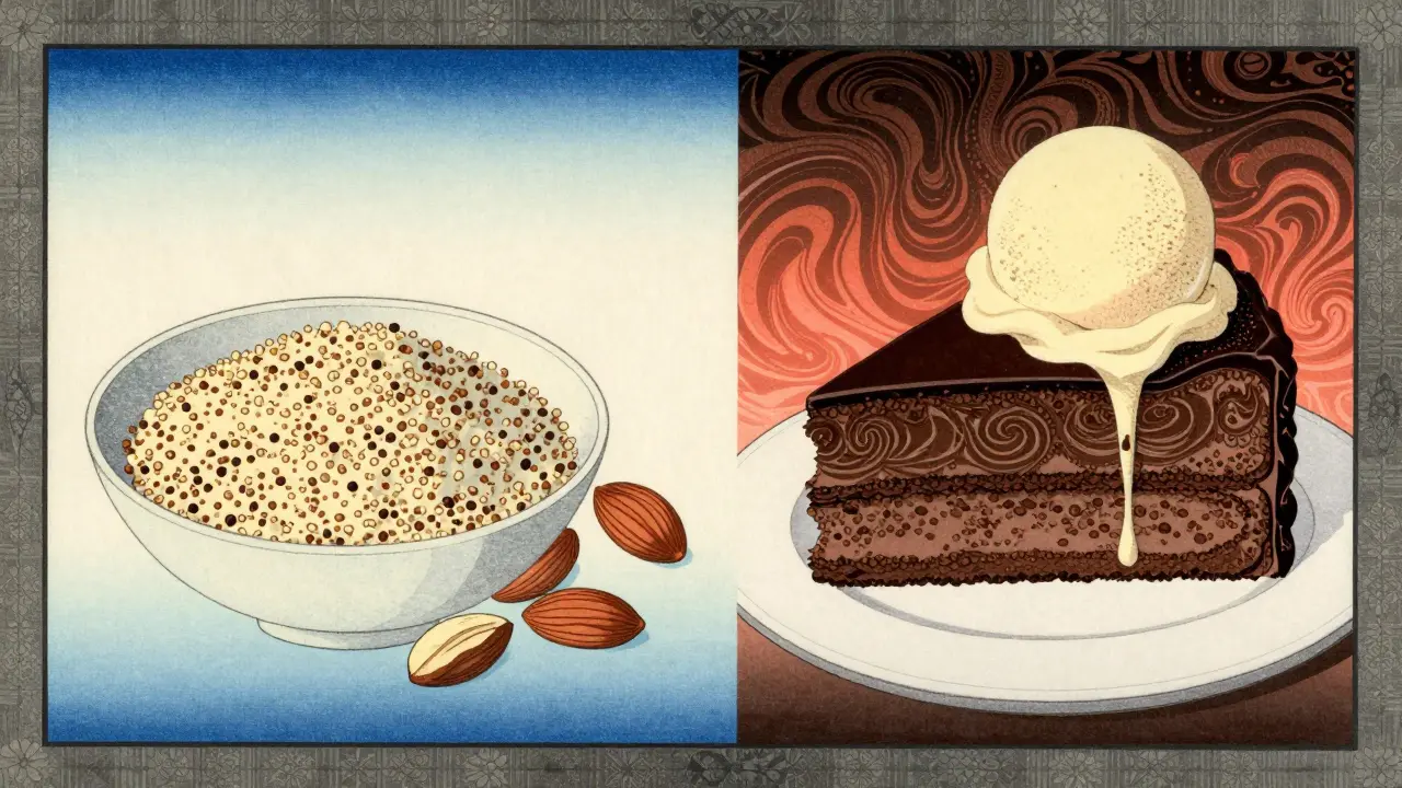 Ukiyo-e artwork contrasting nutrient-dense low-GI foods with unhealthy low-GI treats like cake.