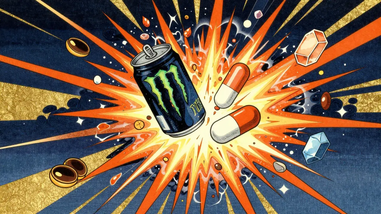 Ukiyo-e style art of an energy drink and pill colliding in a colorful, electric explosion.