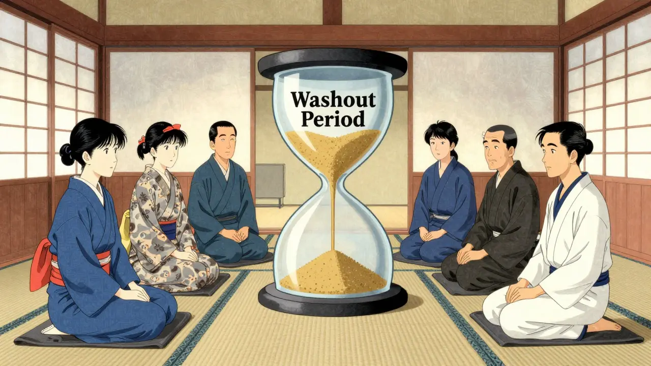 Volunteers in a traditional Japanese pavilion with an hourglass symbolizing the drug washout period.