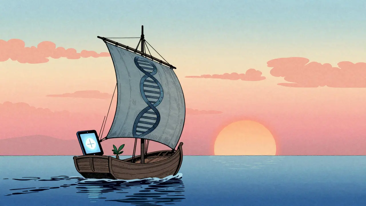Boat sailing into sunrise with symbols of modern PTSD treatments