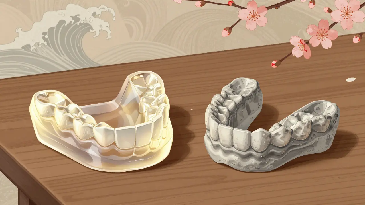 Comparison of custom vs generic jaw devices on a table, Japanese art style.