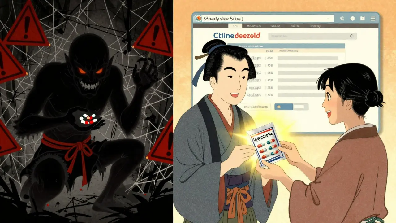 Contrast between shady fake meds and safe online pharmacy in woodblock art