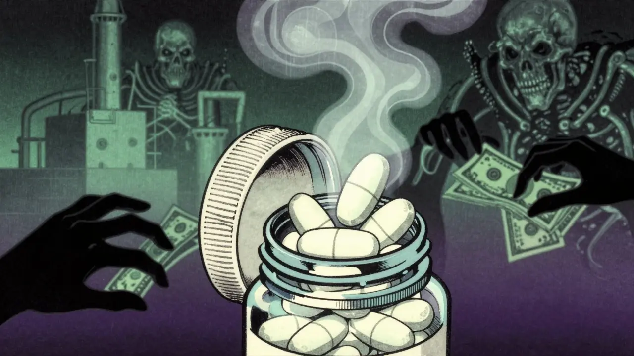 Counterfeit pills turning into toxic fumes and skeletal shapes in a bottle
