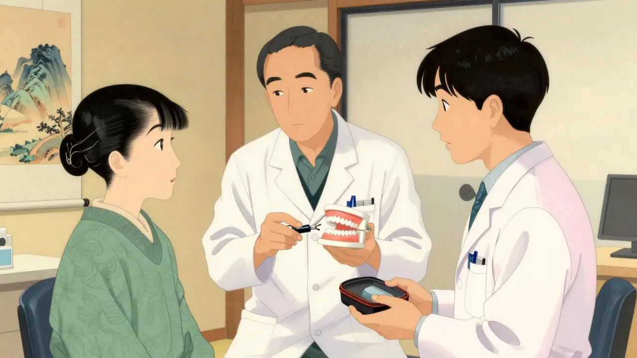 Dentist explaining jaw positioning to a patient in a ukiyo-e illustration.