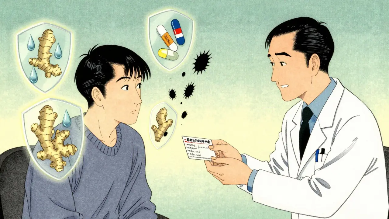 Doctor handing safe prescription options while protective shields deflect danger.