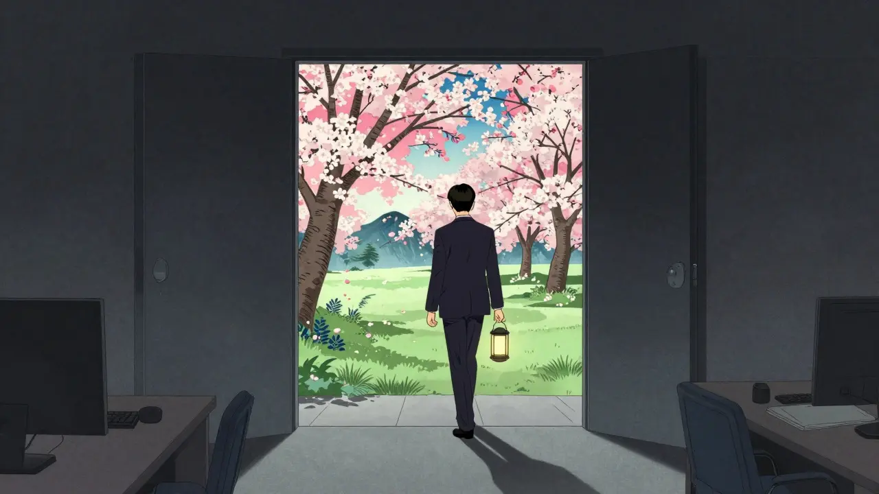 Employee finding peace and recovery in a blossom garden