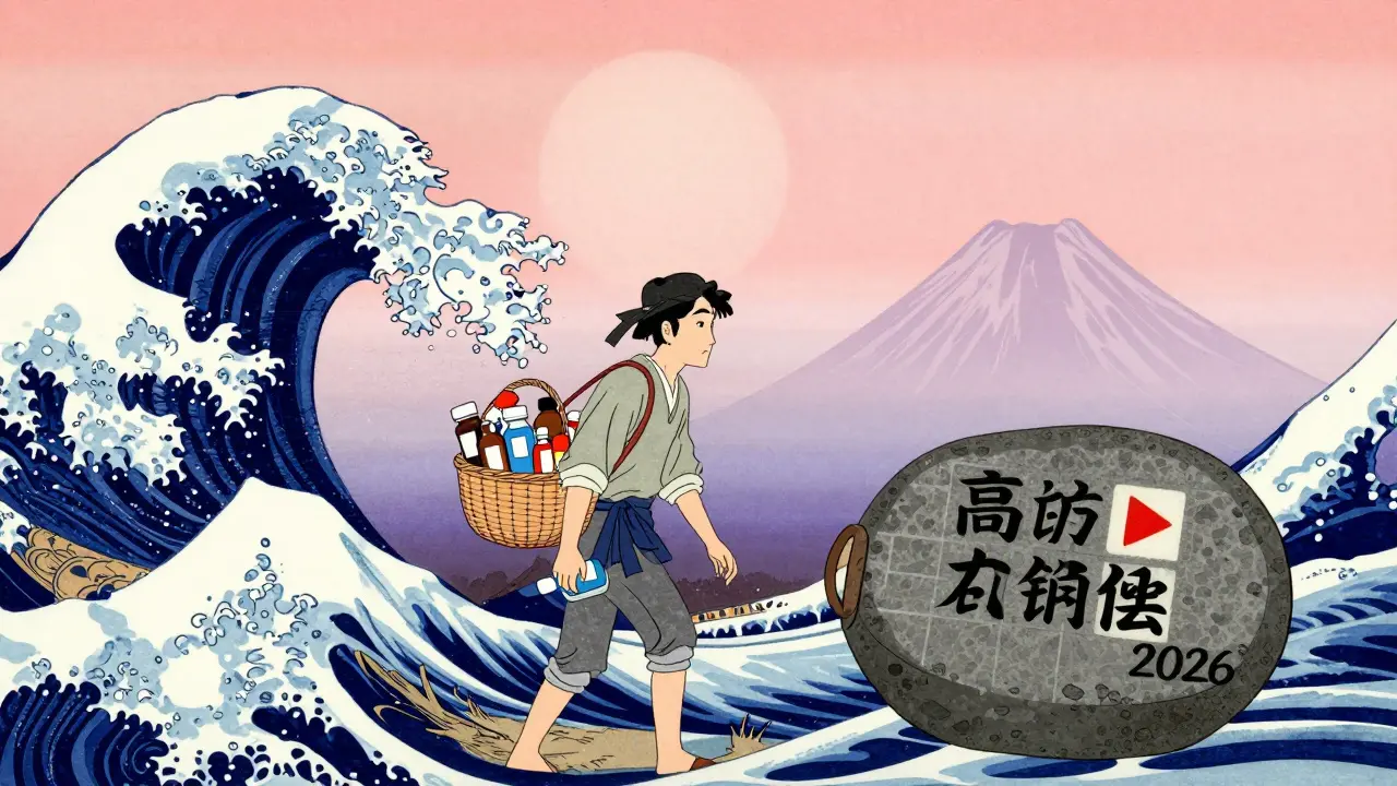 Illustration of a traveler carrying light medicine baskets over heavy price stones.