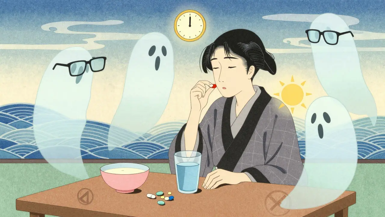 Illustration of safe tetracycline usage avoiding side effects in ukiyo-e style