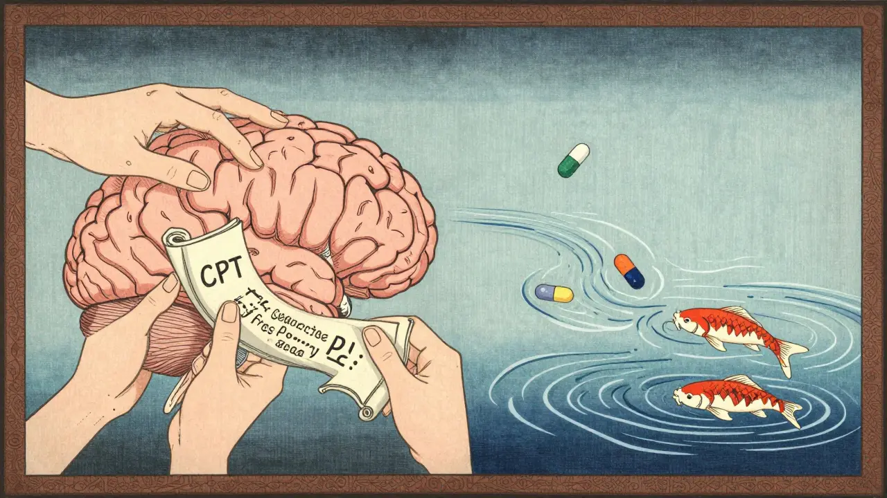 Illustration of therapy scrolls organizing a brain and pills calming water