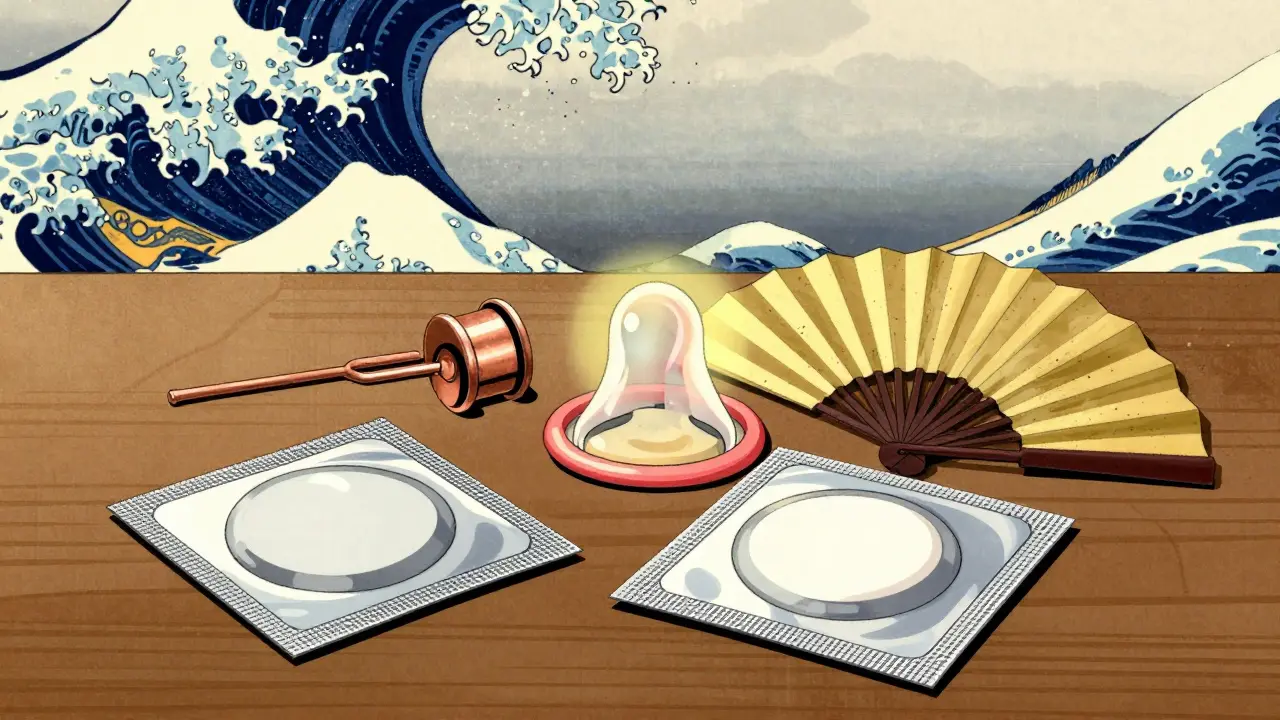 Safe contraceptives like IUDs shown in ukiyo-e still life style
