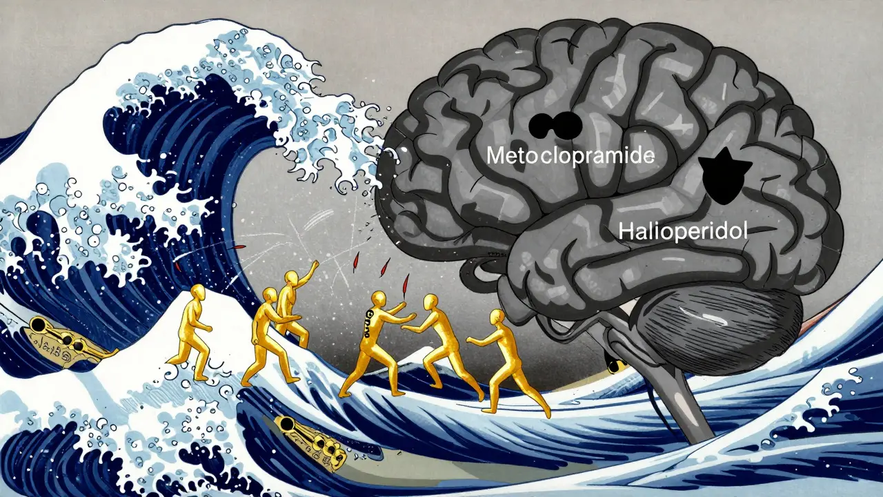 Shadowy drug blocks obstructing golden dopamine receptors in the brain.