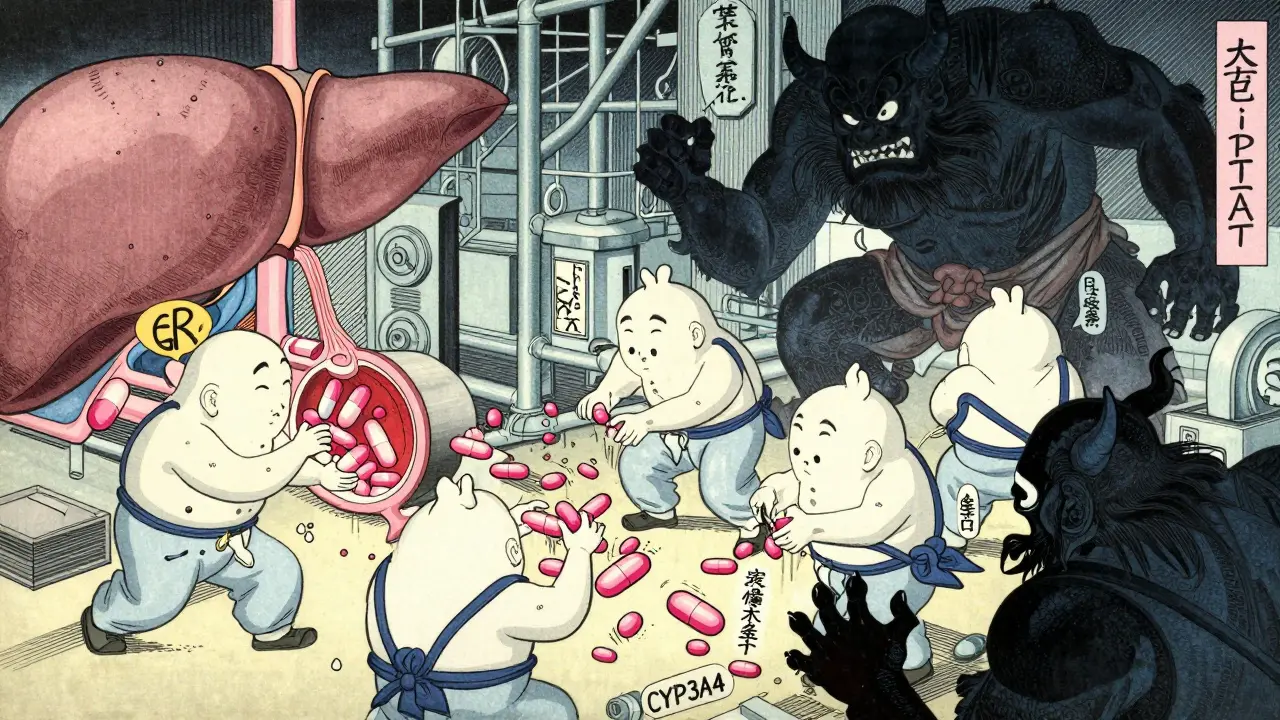Stylized liver enzymes blocked by HIV drugs in ukiyo-e art