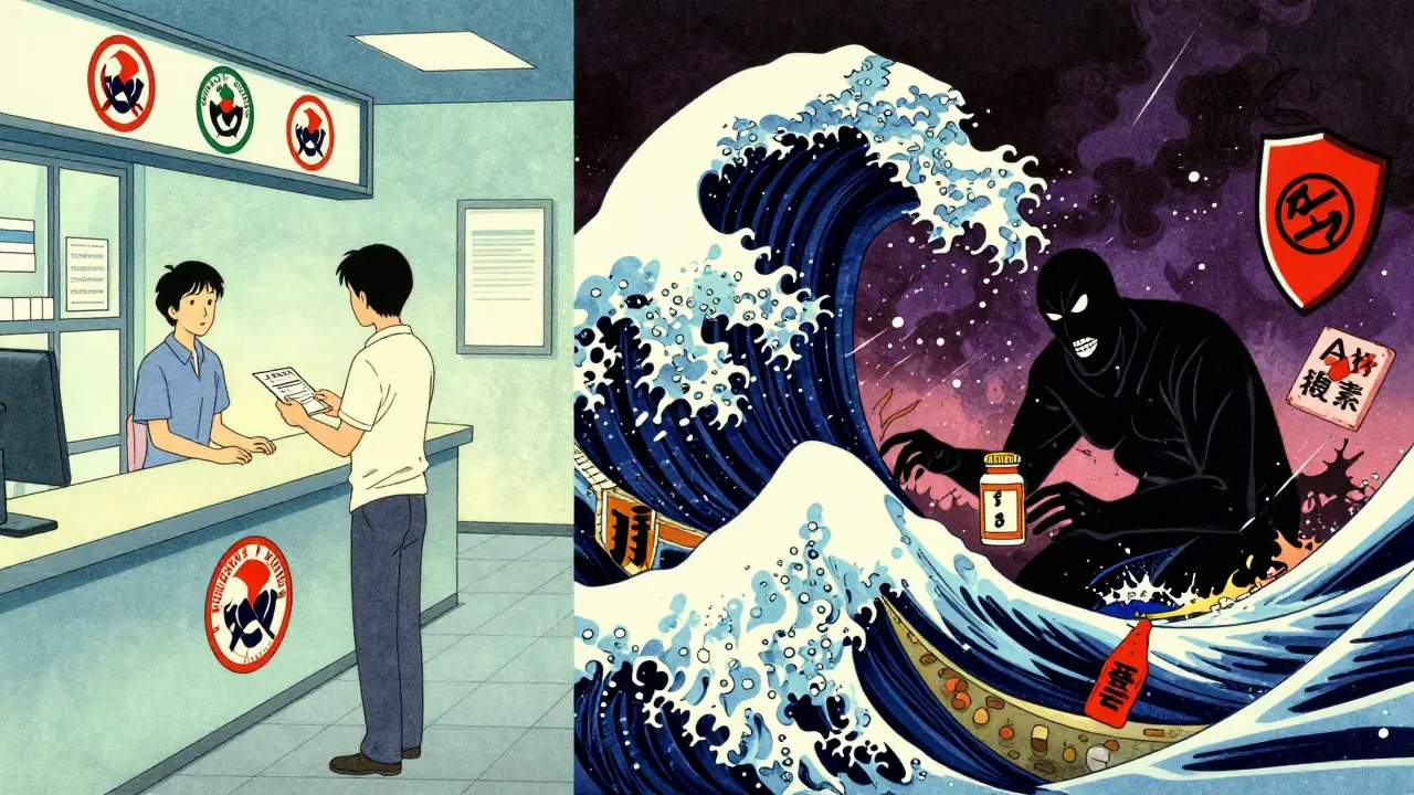 Ukiyo-e style contrast between safe pharmacy purchases and online scams