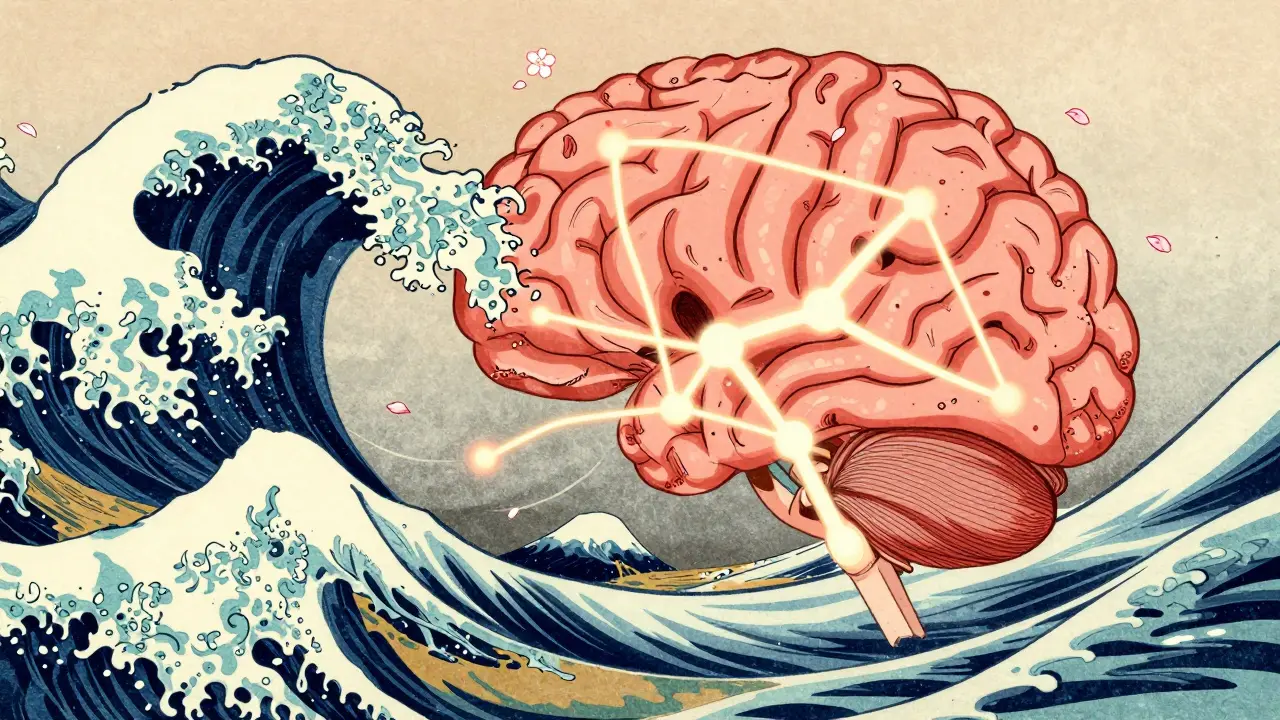 Abstract art showing brain neurotransmitters balancing like waves
