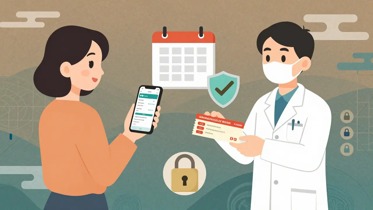 Cartoon of woman safely ordering generic meds with coupons and prescriptions.