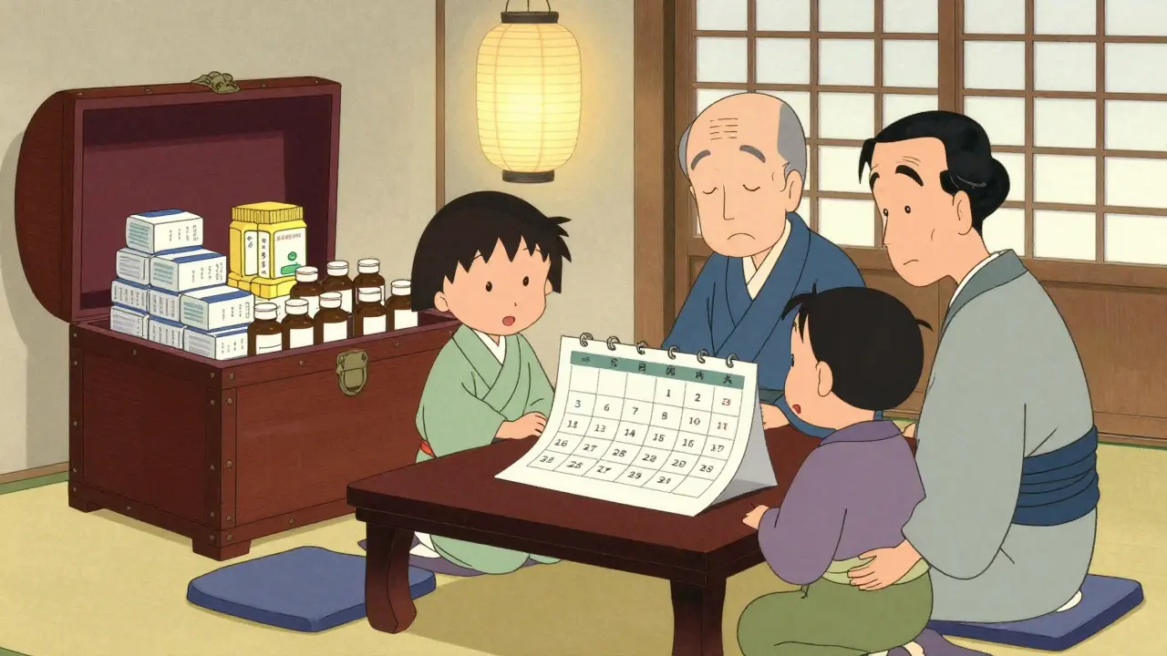 Family planning long-term cancer treatment with bulk medication supplies in ukiyo-e style