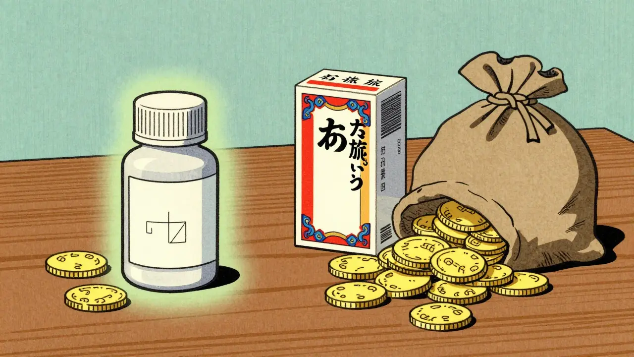 Generic vs brand medicine bottles with coins comparison