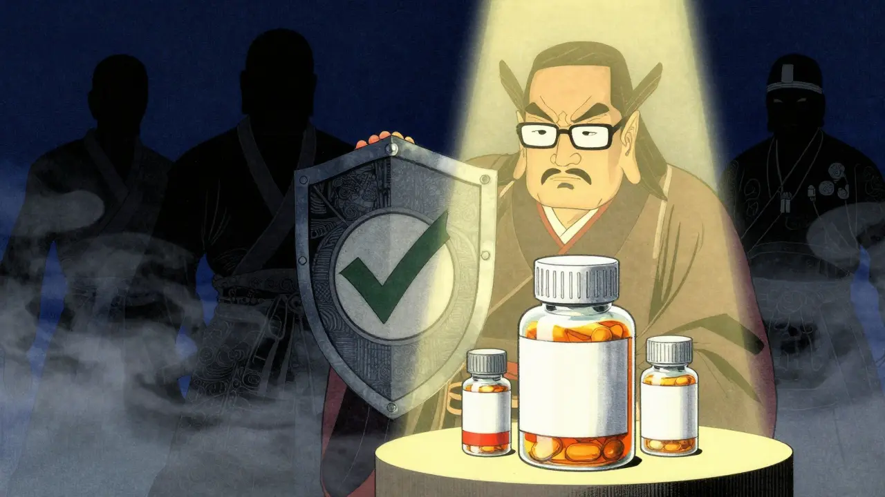 Guardian figure shielding safe medicine bottles from shadowy unsafe pharmacy threats.