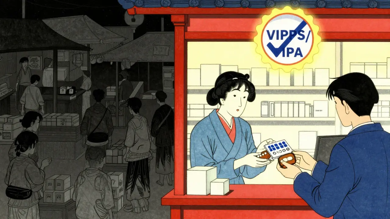 Illustration contrasting unsafe online pharmacies with accredited, safe medication sources