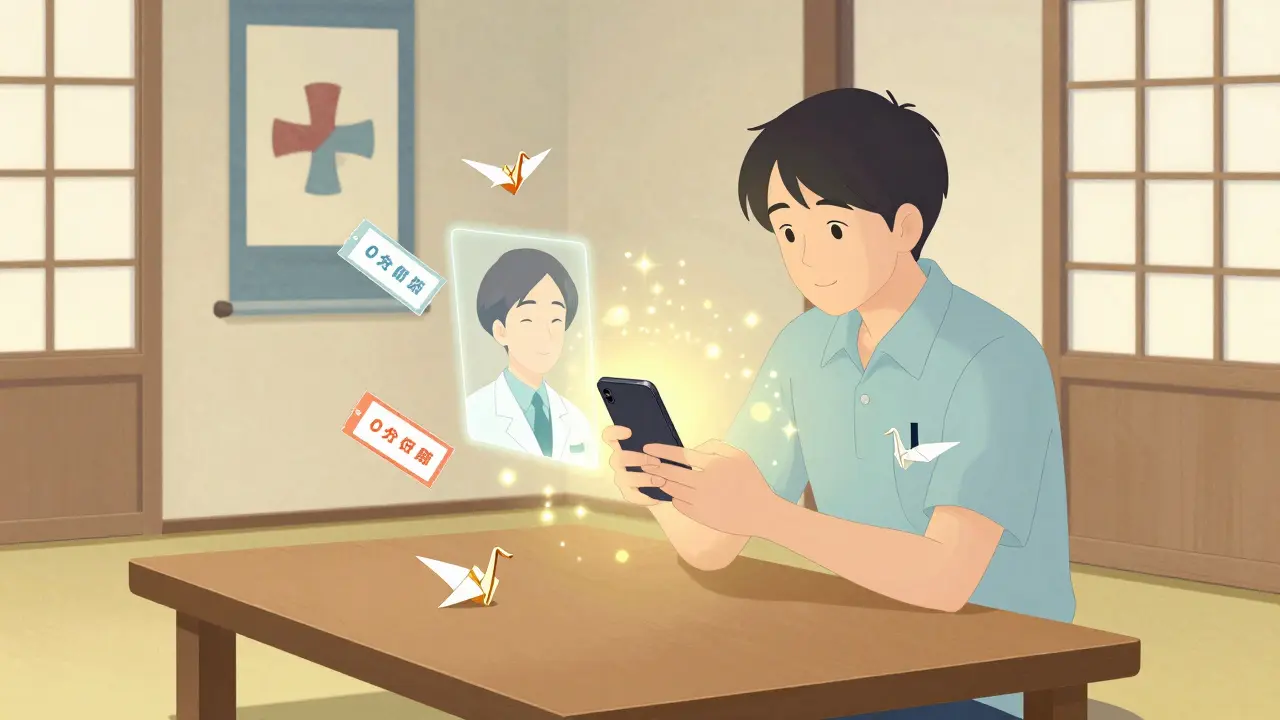 Illustration of person using phone for telehealth consultation and discount coupons.
