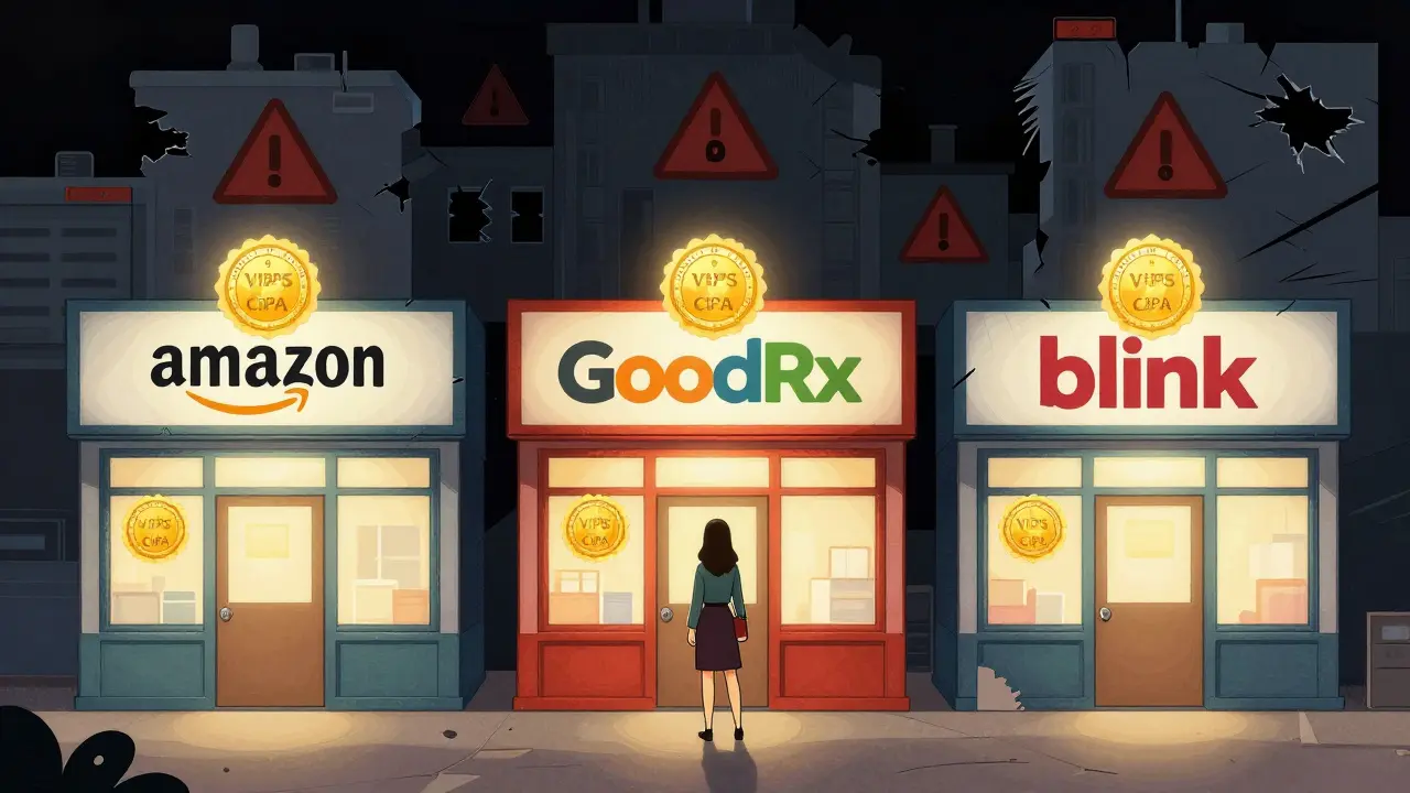 Illustration of safe verified online pharmacies vs dangerous illegal sites.