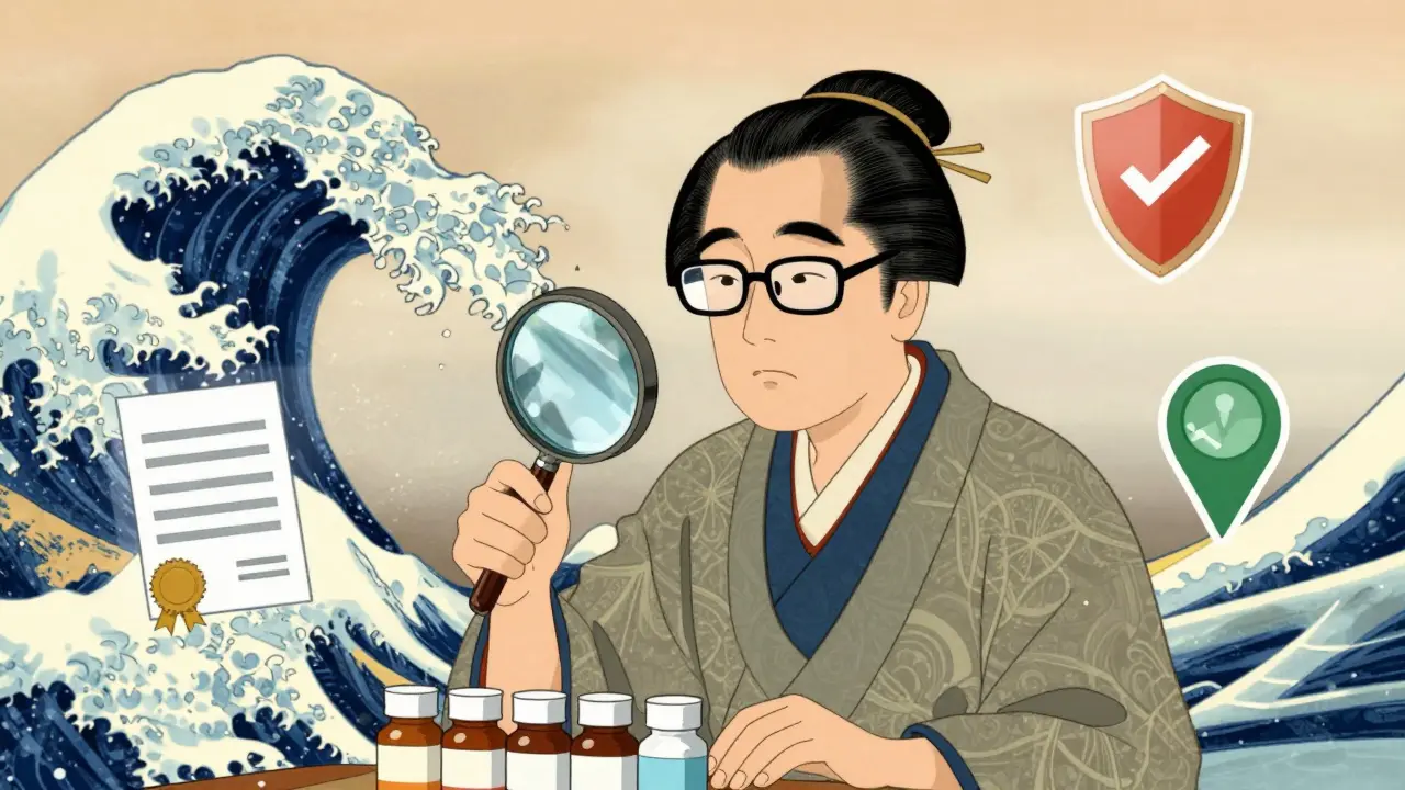 Japanese woodblock style illustration of verifying safe online pharmacies