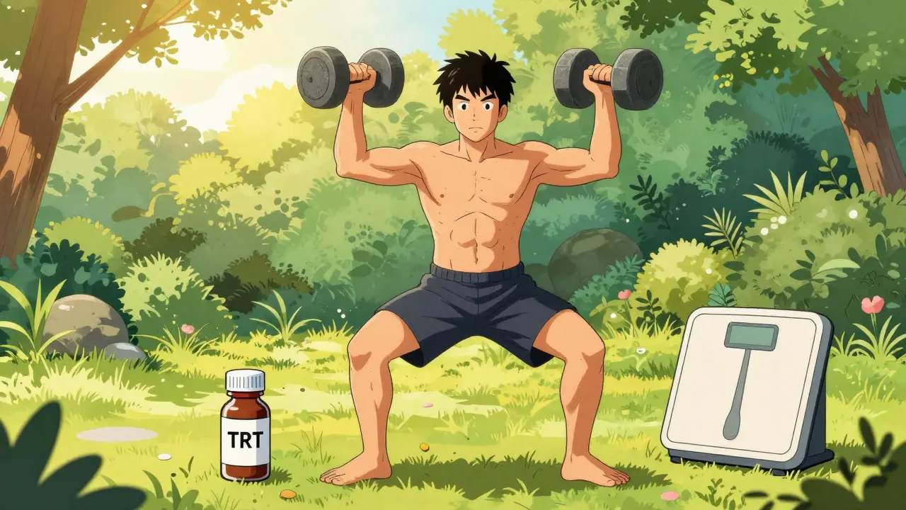 Man lifting stone weights in garden with health symbols, representing treatment and recovery