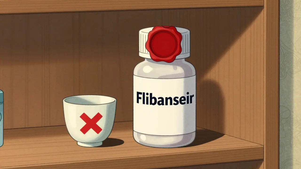 Medicine bottle and no-alcohol symbol on shelf in ukiyo-e style