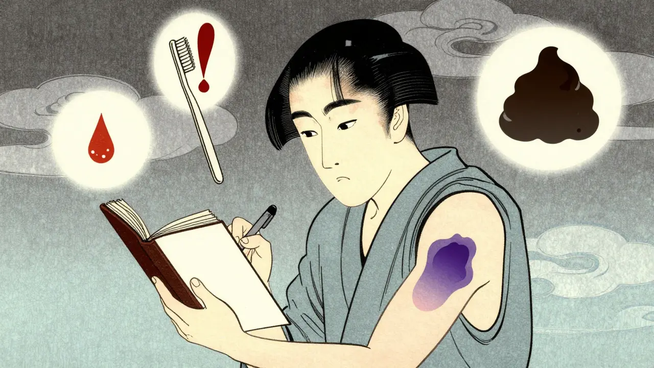 Patient checking for bruising and bleeding signs