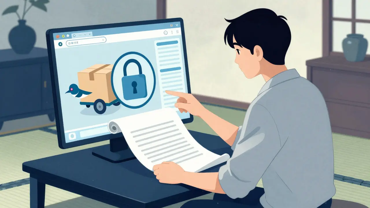 Safe online medication order depicted in woodblock style