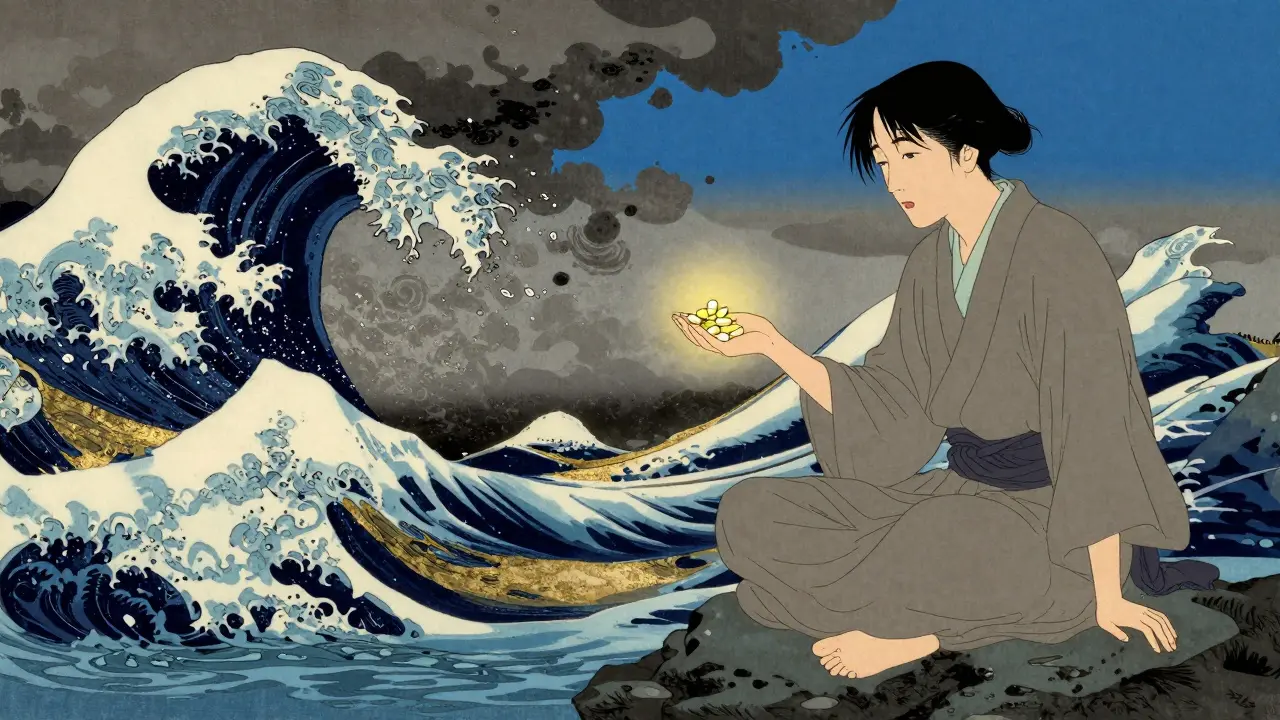 Stylized illustration of a person healing from Hepatitis C with glowing pills.
