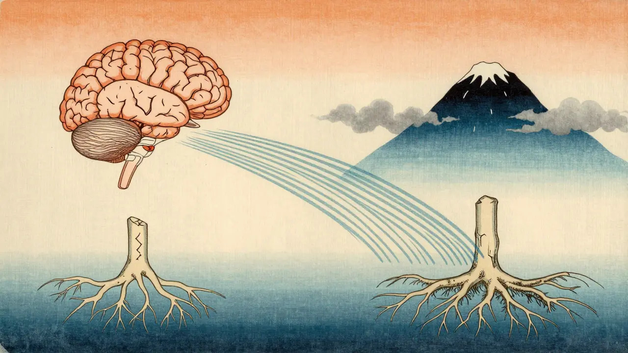 Stylized ukiyo-e diagram showing hormonal signals between brain and body organs