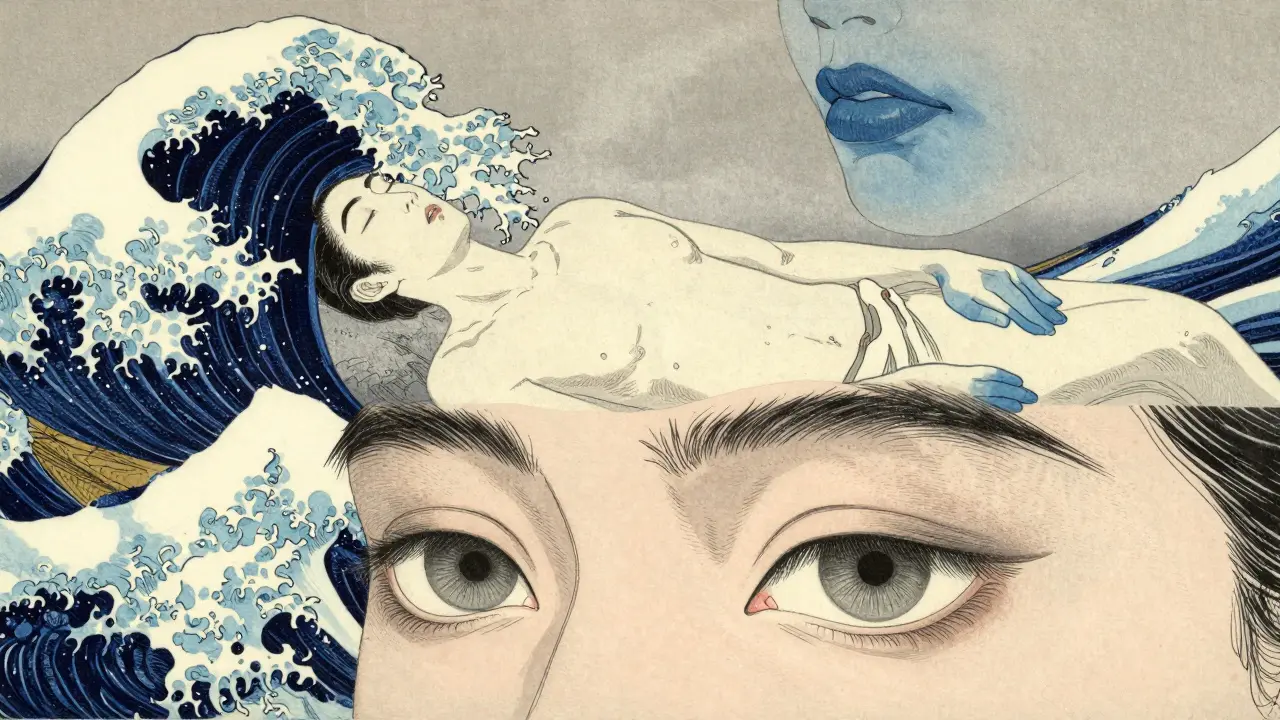 Symbolic depiction of opioid overdose symptoms in woodblock style