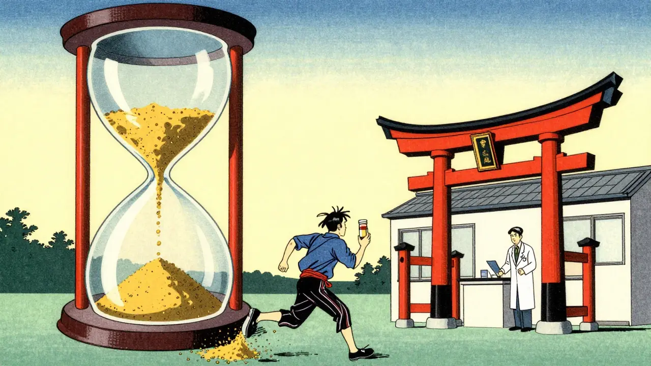 Ukiyo-e art of a patient rushing to get treatment within a time limit.