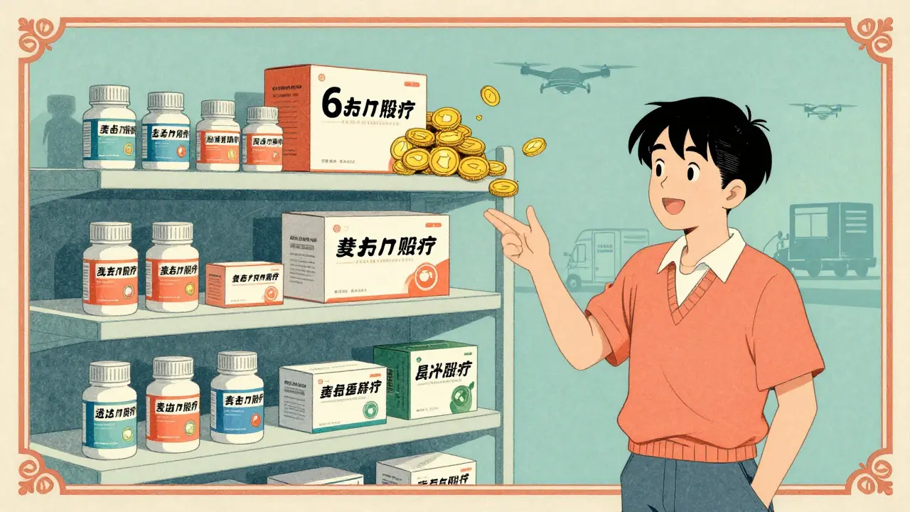 Ukiyo-e cartoon showing bulk medication buying for maximum savings