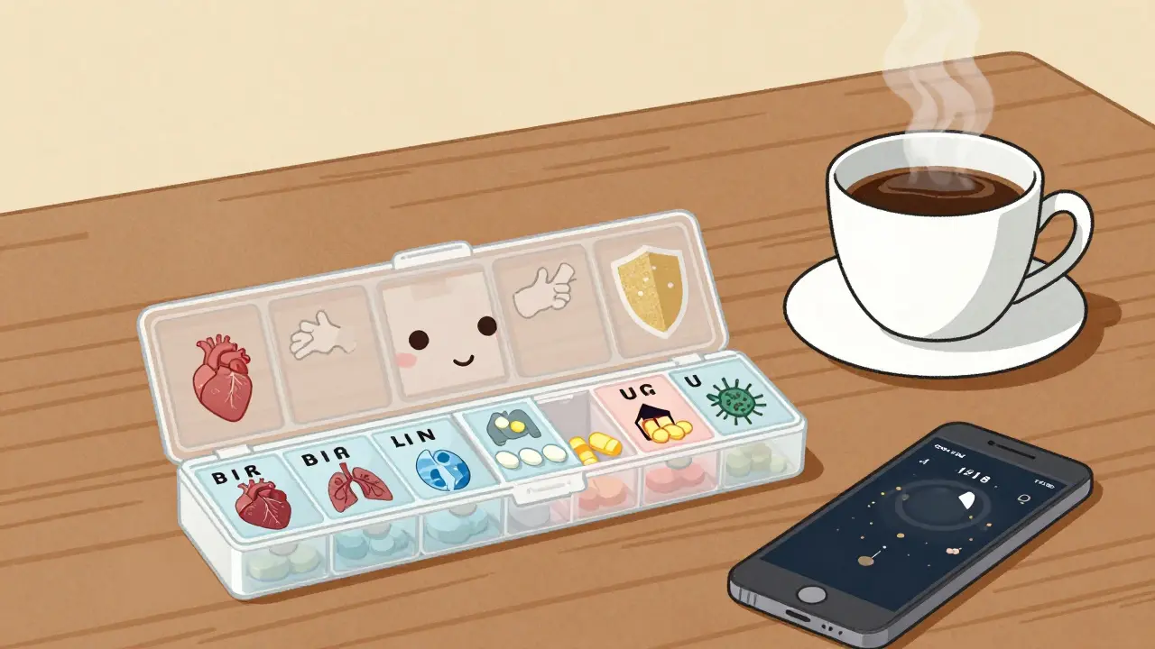 Weekly pill organizer, coffee, and phone alarm illustrating medication routine