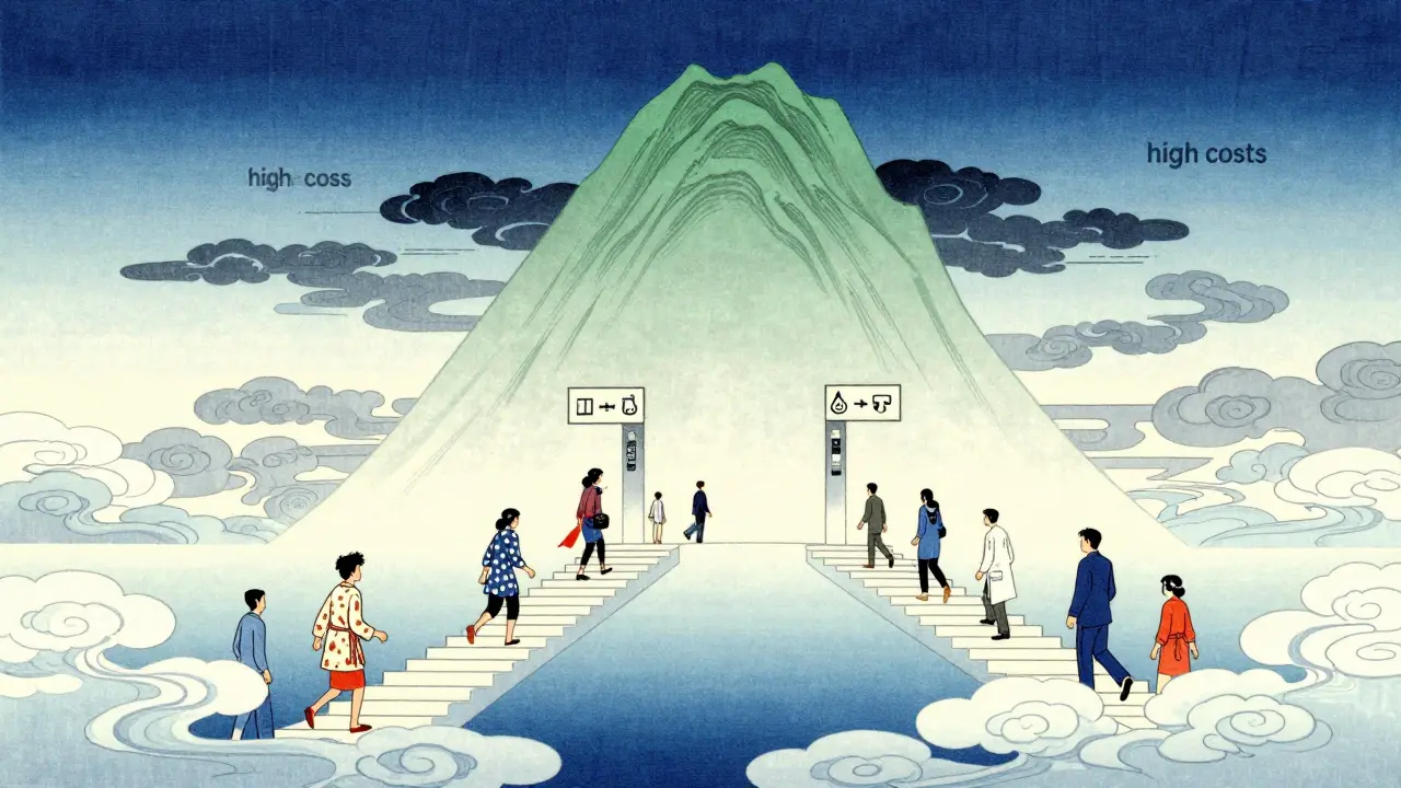 A stable healthcare mountain supported by generics, with citizens climbing towards wellness.