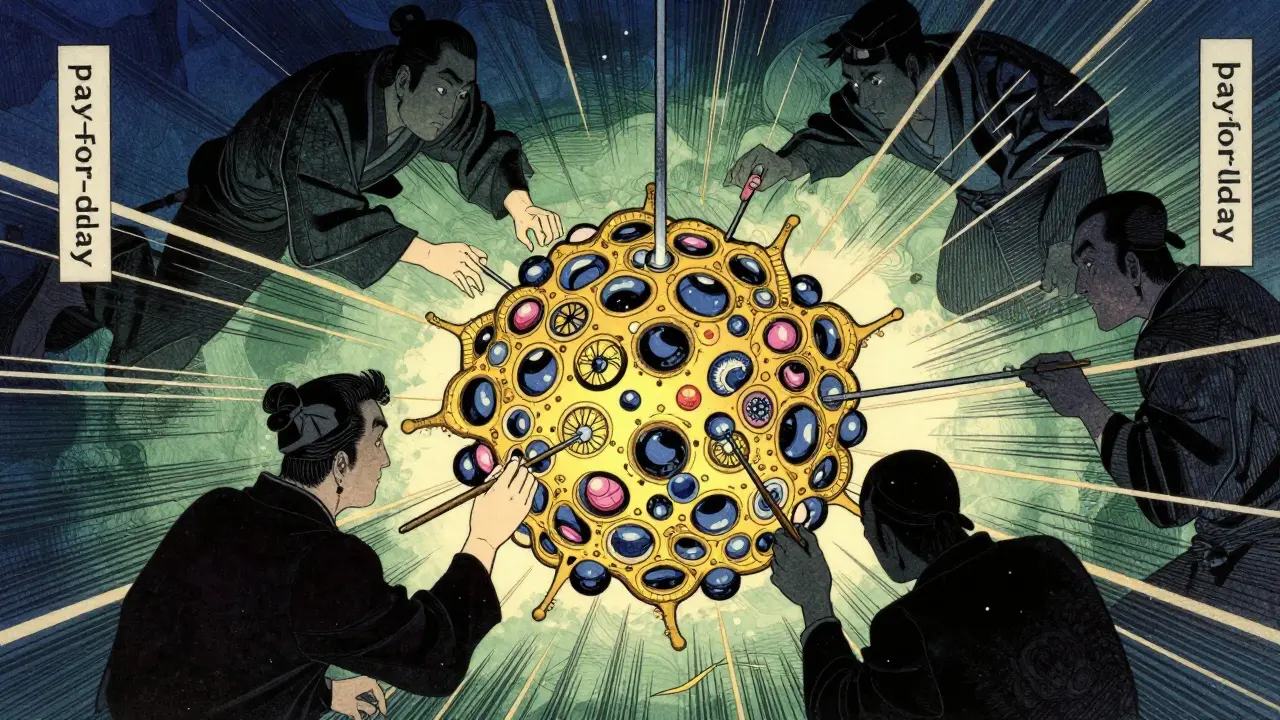 Artisans crafting complex biologic molecules amidst shadows, illustrating biosimilar challenges.