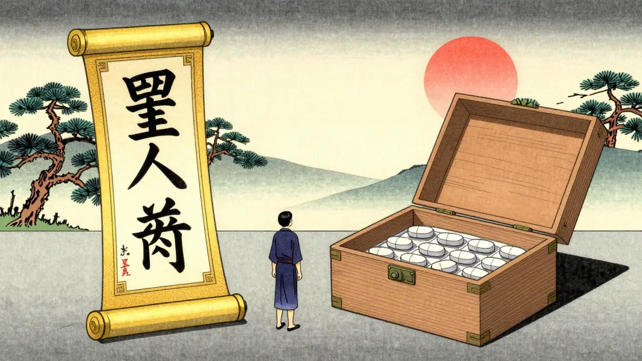 Comparison of expensive brand vs affordable generic medicine in Japanese art style