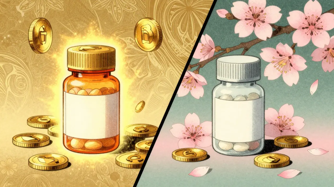 Comparison of expensive brand vs affordable generic pills in ukiyo-e art